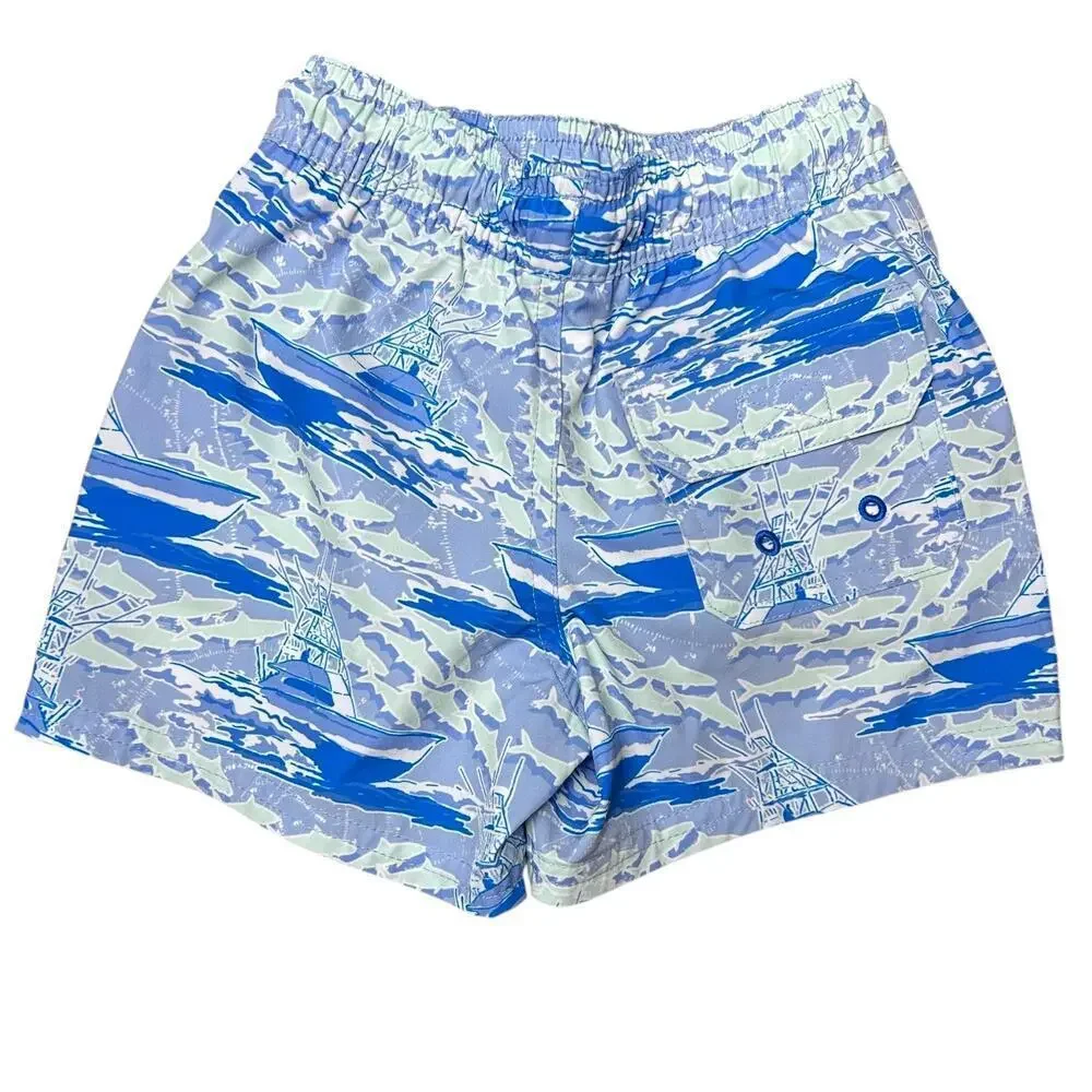 Vineyard Vines Swim Trunks Boy Toddler Swimsuit 2T Fishing Boat Ocean Blue Fish
